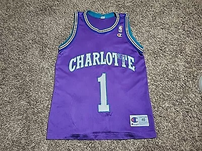 Vtg Muggsy Bogues Charlotte Hornets Jersey Champion - Purple - SZ 40 Mens M • $69.99