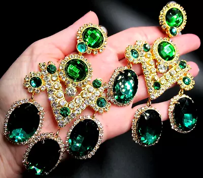 LAWRENCE VRBA Huge 4 1/2  Green & Ice Rhinestone Chandelier Clip Earrings • $399.99