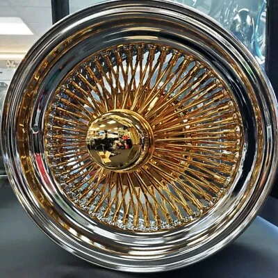 15x7  WIRE WHEELS STANDARD 100-SPOKE STRAIGHT LACE GOLD / CHROME LIP RIMS • $2599