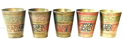 Vintage Brass Small Cups Shot Glasses Set Of 5 Beautiful Etched Designs • $12