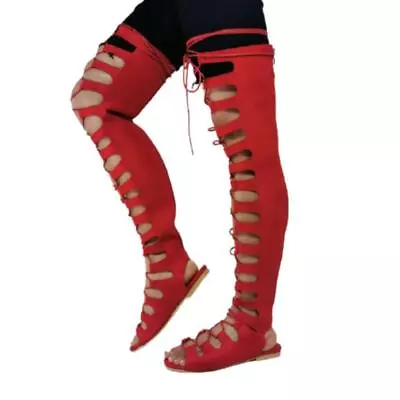 Women Roma Gladiator Hollow Out Knee High Boots Peep Toe Flats Summer Sandals L • $62.60