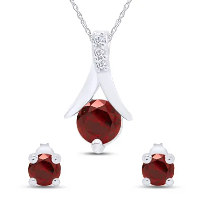 Stud Earrings & Pendant Set Simulated Ruby & Natural Diamond In Sterling Silver • $68.24