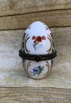 Vintage Collector’s Porcelain Hinged Egg Trinket Box Gold Green Floral • $9.45