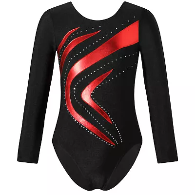 UK Girls Shiny Waves Metallic Long Sleeves Gymnastics Leotard Unitard Dancewear • £9.19