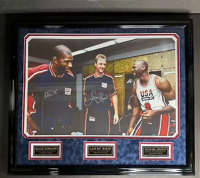 Michael Jordan Larry Bird Magic Johnson Signed Frame 30x40 Canvas PSA • $11249.96