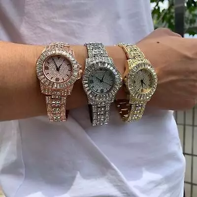 Hip Hop Luxury Mens Iced Out CZ Baguette Waterproof Watches Date Quartz Wrist Wa • £12.60