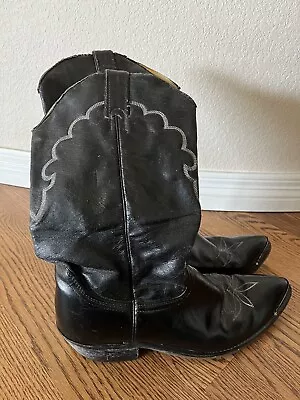 Mens Vintage Leather Black Size 9D Western Cowboy Boots Metal Toe Tip Unbranded • $24