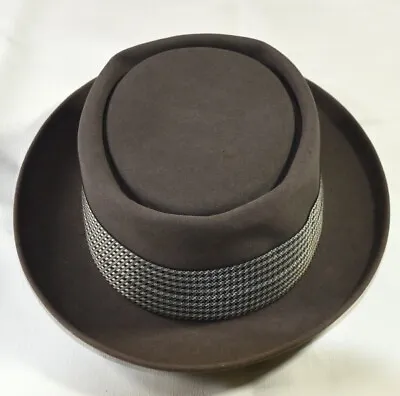 Vtg 1960s Adam Premier Brown Fur Felt Houndstooth Band Pork Pie Fedora Hat Small • $25