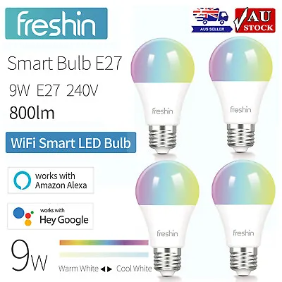 Smart Light Bulbs FRESHIN E27 A60 9W RGBCW Work With Alexa Google Home (4 Pack) • $49.99