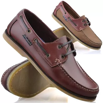 Mens Leather Lace Up Walking Boat Deck Casual Driving Moccasin Loafer Shoes Size • £24.98