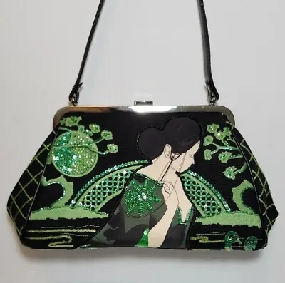 Isabelle Fiore Top Lock Moon Garden Geisha Oriental Beaded Sequined Handbag $375 • $289