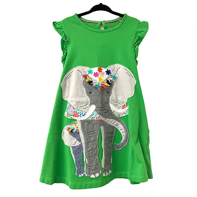 Mini Boden Frill Sleeve Appliqué Dress Greenfinch Elephant Girls 4-5Y  • $34.99