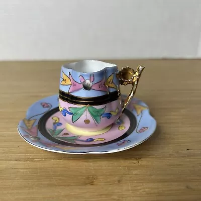 VTG Colorful Hand Painted Porcelain Demitasse Cup & Saucer W/ Gold Leaf Handle • $18