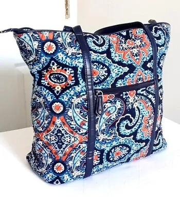 Vera Bradley Large Tote Bag Marrakesh Paisley Quilted Blue Orange White • $29.95