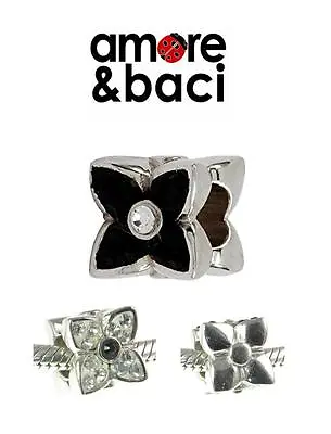 £24.99 • Buy AMORE & BACI 925 Silver & Swarovski Elements BLACK WHITE FLOWER CUBE Charm Bead