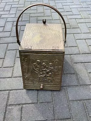 Antique Brass Coal Box ~Fireside Box ~Embossed Victorian Cooking Scene • £29.99