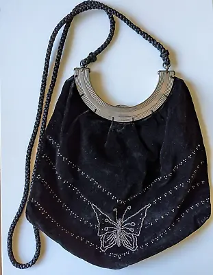 Vintage Black Velvet Bag With Hand-Embroidered Butterfly With Metal Beads • $13.95