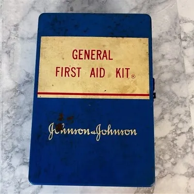 Vintage Johnson & Johnson Wall Mount Blue General First Aid Kit W/ Band-Aid Tins • $48