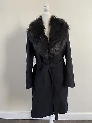 ZARA Women’s Black Fur Collar Manteco Premium Wool Coat + Belt Sz XS • $71.20