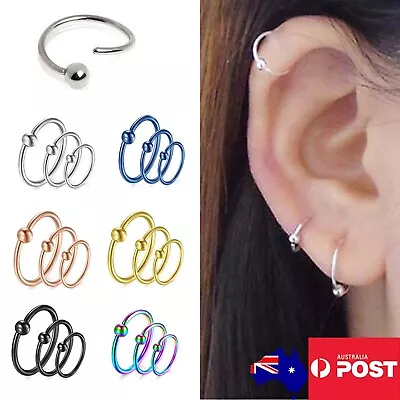 $3.80 • Buy Surgical Steel Hoop Earrings Ball Beaded Nose Lip Rings Stud Piercing Jewelry AU