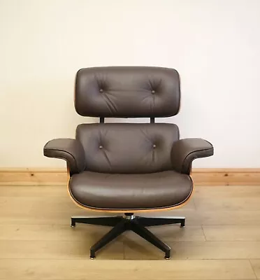 Eames Style Brown Leather Lounge Chair / Armchair & Ottoman With Walnut Wood • £549