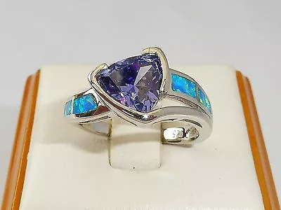 Ladies Fine 925 Solid Silver Trillion Cut Tanzanite Solitaire And Opal Ring • £29.75