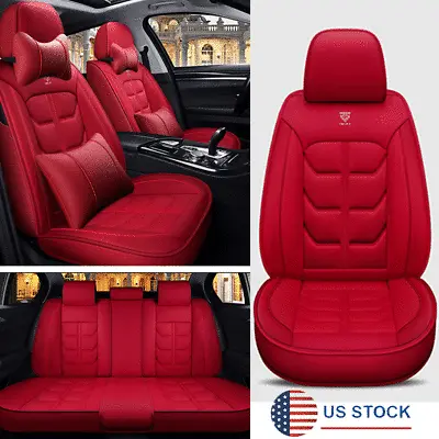 $107.99 • Buy 5-Seats Car Cushions PU Leather Seat Covers Set + Headrest + Lumbar Pillows Red