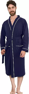 Mens Knit Robe Lightweight Summer Cotton Blend Bathrobe LARGE Navy Blue • $19.14