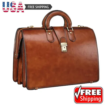 Leather Briefcase Men W/ Lock Attache Case Hard 15.6 In Laptop Lawyer Bags Brown • $219.44