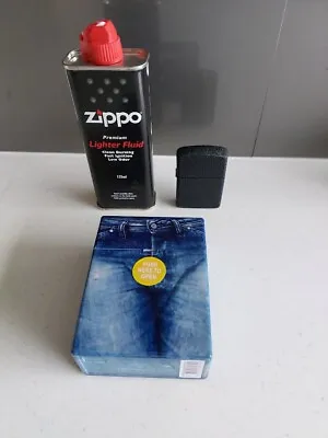 Black Oil Lighter With Zippo 125ml Lighter Fluid And Jeans Look Cigarette Case30 • $26.95