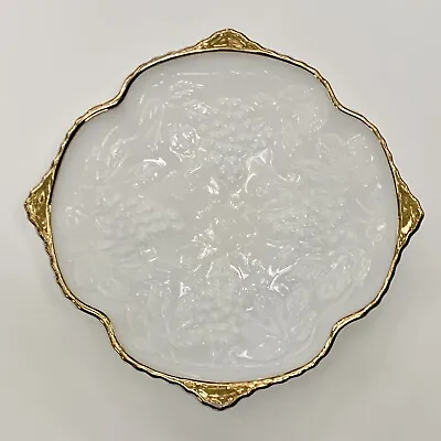 Anchor Hocking White Milk Glass Grape Clusters Gold Trim Serving Bowl 10” • $18