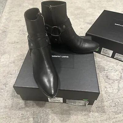 Auth SAINT LAURENT Black Leather WEST 45 Strap Zip Cowboy Ankle Boots Shoes 36.5 • $555