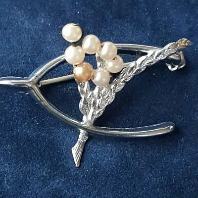 Vintage Collectible Pin Mizpah Style Thistle Flower & Wishbone Brooch Pin Silver • $13.96