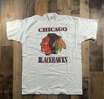 Vintage Blackhawks 90s Chicago Blackhawks Single Stitch Gray TShirt XXL • $29.99