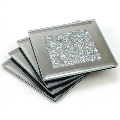 Lustre Large Silver Sparkle Glitter Mirrored Glass Coaster Set Of 4 Mat Home Dec • £10.49