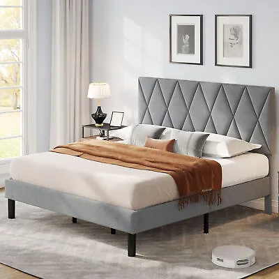Upholstered Platform Bed Frame King Size With Headboard And Wooden Slats Support • $172.89
