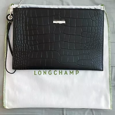 Longchamp~ Men Leather Clutch Wristlet Bag With Dust Bag~ Croc Print~ Black • $110