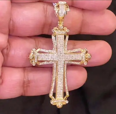 10k Yellow Gold 1.50 Carat 2.50 Inch Real Diamond Men Cross Pendant Charm Cross • $920