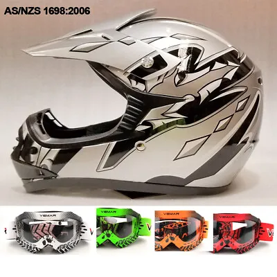 Motocross Helmet & Goggles Silver - Kids Youth S M L Dirt Bike Quad ATV MX • $83.95