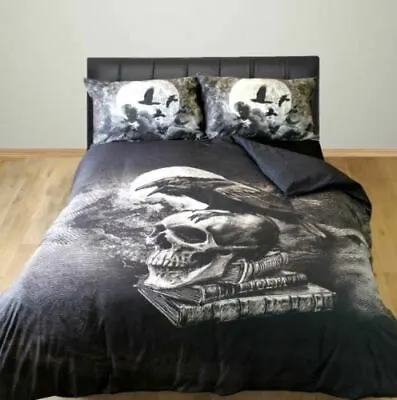 Alchemy Poes Raven Bird Black Gothic Skull Moon Double Duvet Cover Bedding Set • $49.77