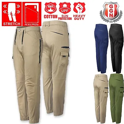 Work Trackies Mens Pants Tradies Cargo Trousers Cotton Cuffed Chino Elastic • $36.95