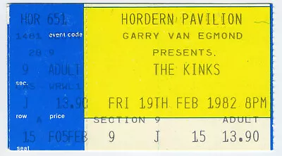 The Kinks 1982 Concert Ticket Stub - Hordern Pavilion Sydney Australia • $160