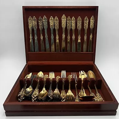 Vintage Baroque By Godinger Gold Plated Flatware 65 Pc Set In Mahogany Box • $99.95