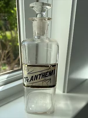 Vtg Antique Pharmacy Clear Glass Label Apothecary Jar Bottle Tr. Anthemi 1889 • $20