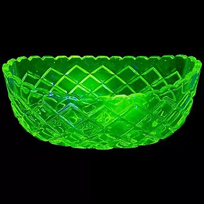 Collectable Uranium Glass Diamond Cut Boat Canoe Shape Bowl • $160