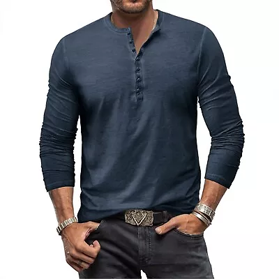 Mens Henley Casual Shirts Long Sleeve Slim Fit Button Grandad T Shirt Tops • $30.39