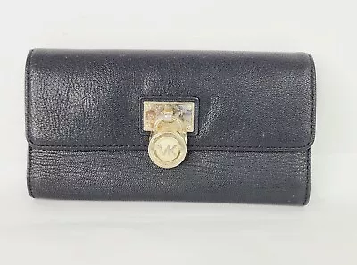 Michael Michael Kors Large Hamilton Black Pebbled Leather Wallet Button Snap • $39.99