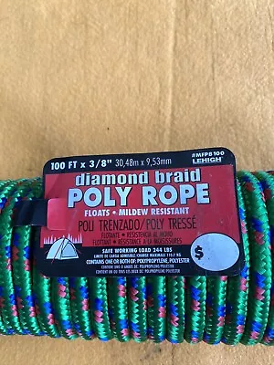 Diamond Braid Poly Rope 3/8 In X 100 Ft Mildew & Rot Resistant. - Free Shipping! • $19.99