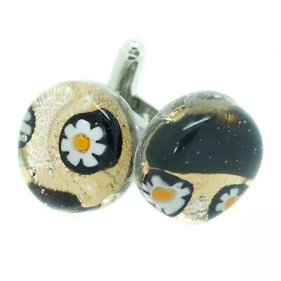 Murano Glass Cufflinks Circular Gold Black Venice Wedding Made In Italy • £15.95