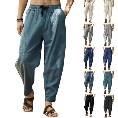 Mens Summer Linen Trousers Casual Elasticated Cotton Baggy Loose Yoga Hippy Pant • £11.75